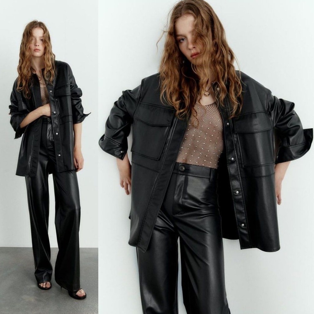 ZARA oversized black faux Leather Jacket size XS